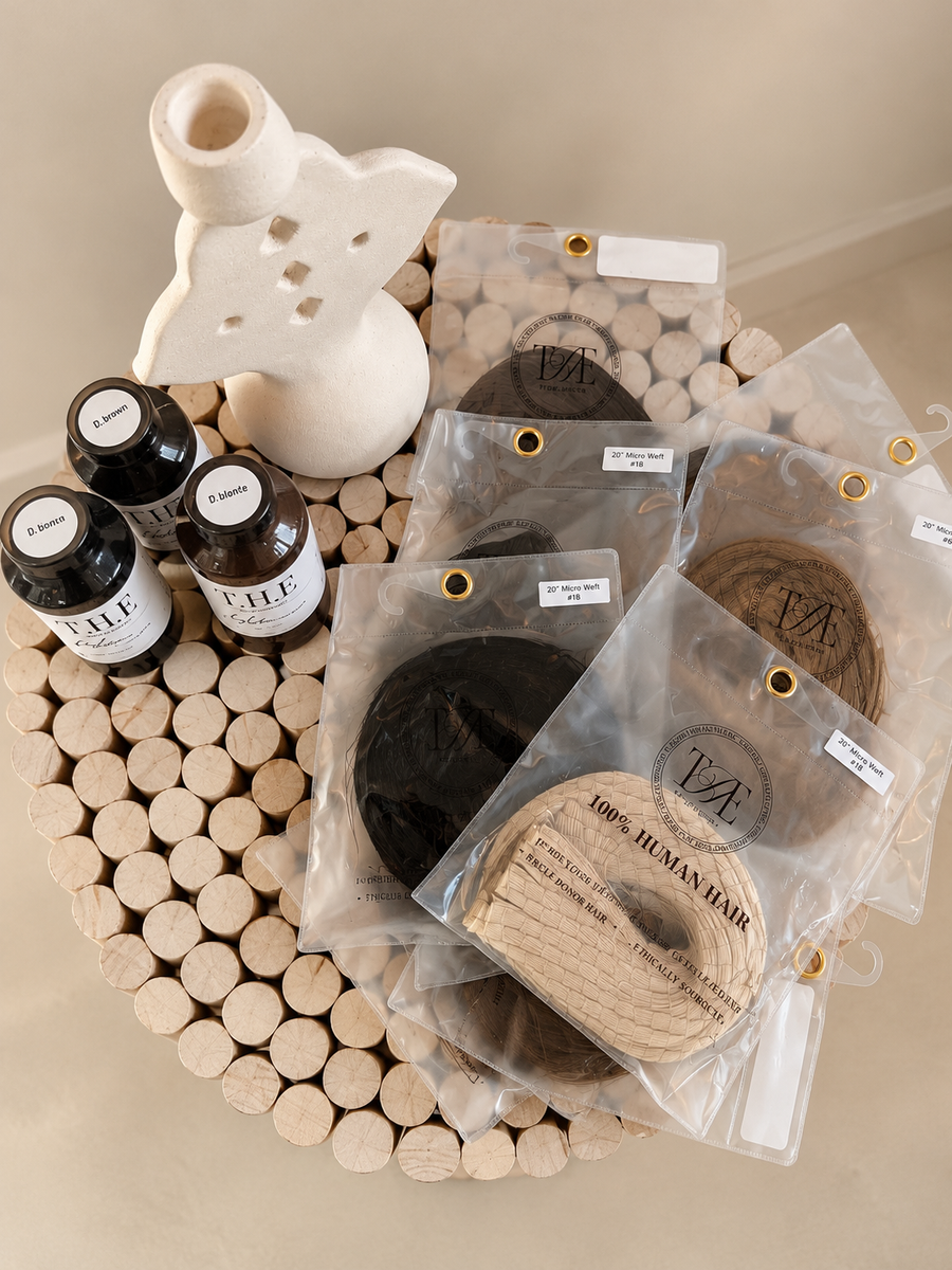 Tuscany Hair Extensions packs and T·H·E branded bags