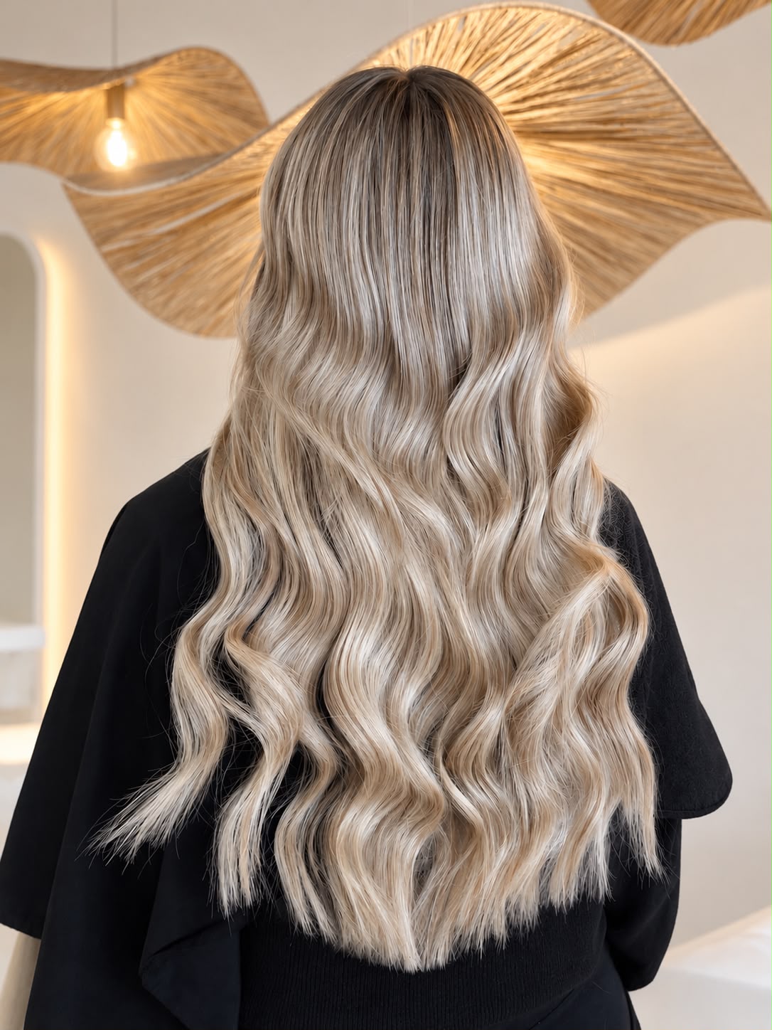 Long blonde Micro Weft extensions, installed and styled at Altitude Hair Studio